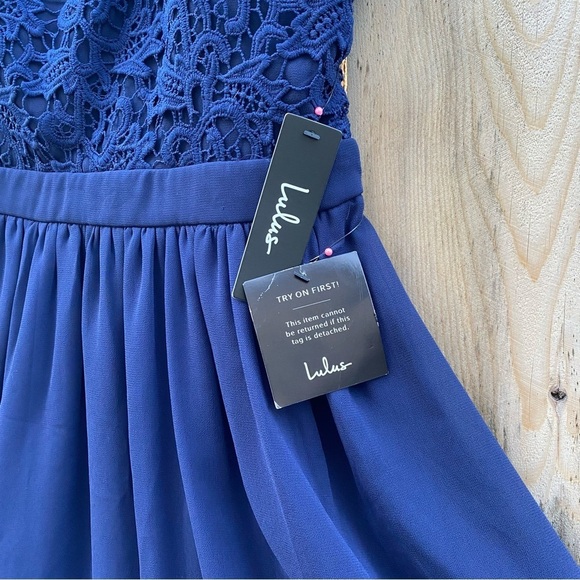 LuLu’s  Royal Blue, Lace, Sheer, Formal Event, Open Back, Midi  Dress Sz S. NWT - Picture 2 of 9